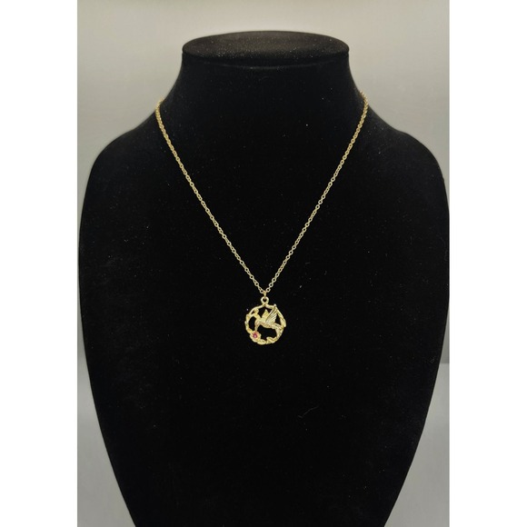 Jonette Jewelry Jewelry - JJI Jonette Jewelry Vintage Hummingbird Pendant Necklace 18" Gold Tone Red Stone